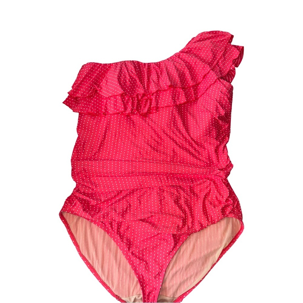 SWIM by Cacique Coral One Shoulder Ruffle One Piece Swimsuit No Wire Polka Dot - Picture 3 of 6